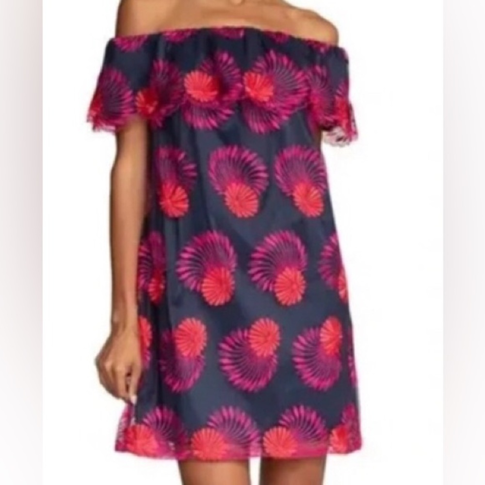 Trina Turk "Wisdom" Embroidered Off-The-Shoulder Dress - Pink Blue Size S